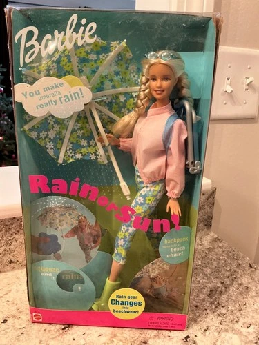 Vintage 2000 Rain or Sun Barbie Doll with Beach Accessories Umbrella Chair-NIB