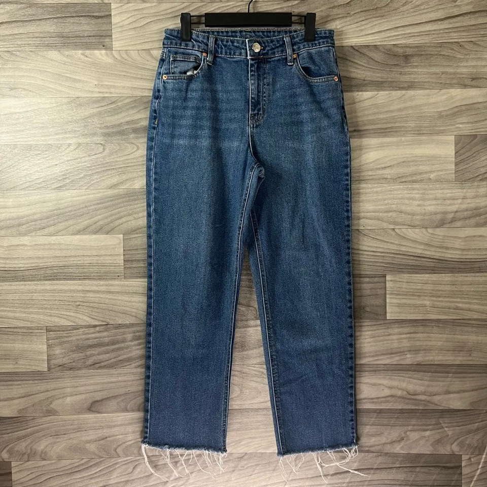 Pantalones de mezclilla rectos Wild Fable para mujer tiro alto lavado medio elástico dobladillo crudo 8 Foto 2 de 4