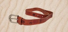 OLD NAVY Vtg 90s Small BROWN Leather 30" FLORAL Tooled Belt Solid Brass Buckle
