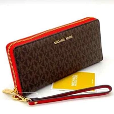 Michael Kors Jet Set Large Continental Wallet Signature Brown Red Wristlet NWT Y