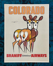 Original Travel Poster Braniff Airways Airlines Colorado Rocky Mountains Deer