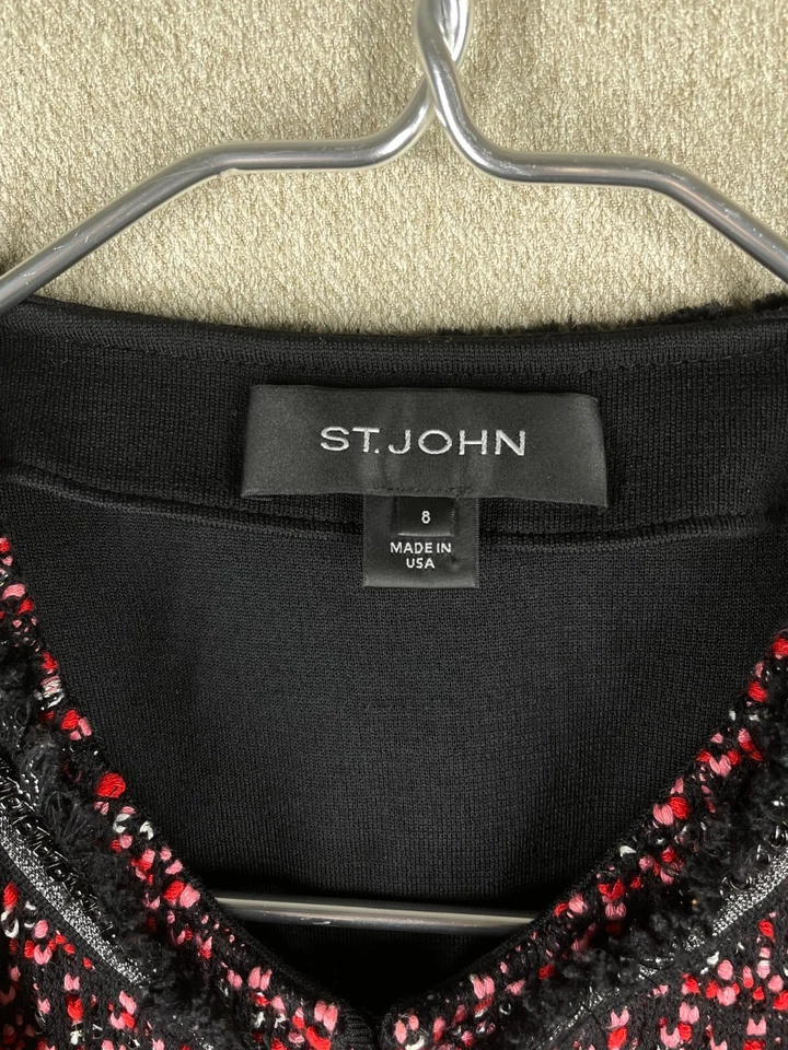 St John Blazer Jacket Womens 8 Red Black Boucle Chain Fringe Trim - Image 2 of 4