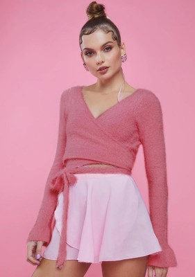 Fuzzy Eyelash Wrap Sweater Crop Tie 