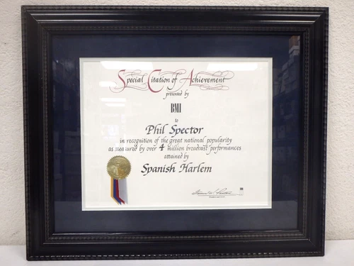 PHIL SPECTOR BMI Citation Of Achievement Spanish Harlem Gifted To Hal Blaine EX
