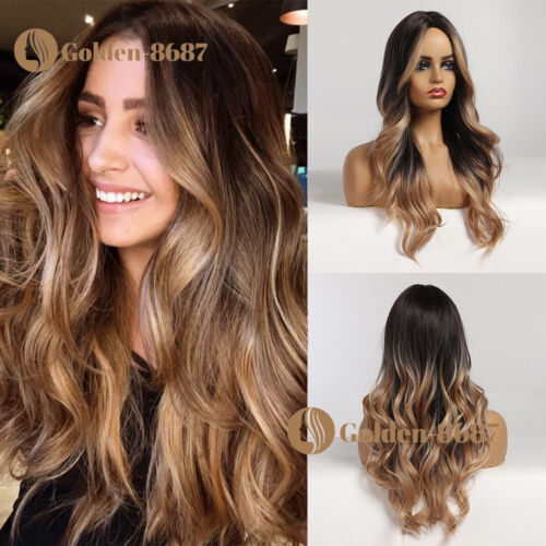 Ombre Brown Honey Blonde Highlights Wigs Long Body Wave Cosplay Hair for  Women | eBay