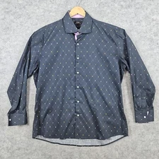 Steven Land Men's Black Button Up Shirt Size 17.5 34/35 Trim Fit Polka Dots SPOT