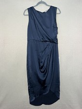 Lush Satin Faux Wrap Sleeveless Tank Midi Dress-Navy Blue-Women’s L-Formal-Party