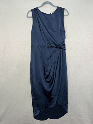 Lush Satin Faux Wrap Sleeveless Tank Midi Dress-Navy Blue-Women s L-Formal-Party