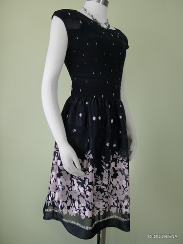 NWT MAX EDITION Smocked Top Fit-&-Flare Chiffon Print dress BLACK/PINK MEDIUM - Picture 5 of 12