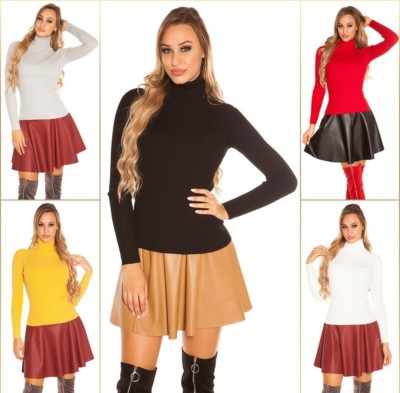 Damen Basic Ripp Rollkragen Pullover 
