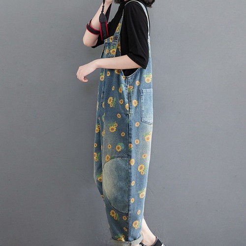 Ladies Sunflower Printed Denim Overalls Jumpsuit Bib Trousers Jeans Leisure - Picture 5 of 12