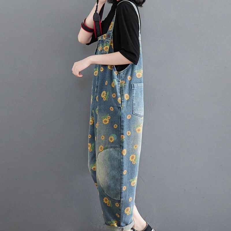 Damen Sonnenblume Bedruckt Denim Latzhose Overall Lätzchen Hose Jeans Freizeit - Bild 4 von 4