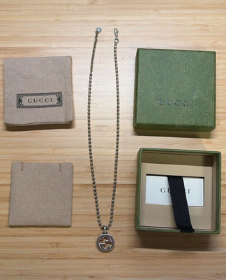 Gucci Interlocking GG Silver Ball Chain Necklace Round Pendant Charm Signed
