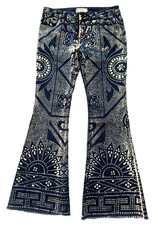 Free People Discharge Bali Printed Flare Jeans Blue Low Rise Jeans Size 26