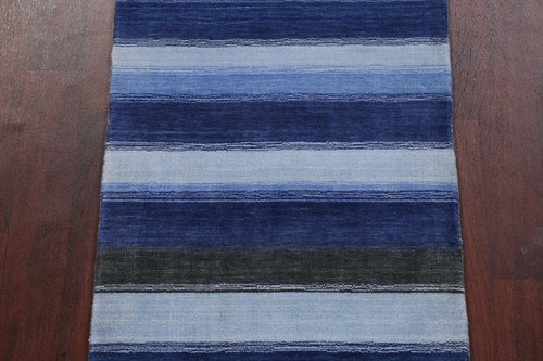 Handmade Blue Wool Rug Stripe Modern Gabbeh Runner Rug 3x10 Ft Hallway Carpet - Picture 4 of 18