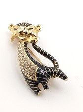 Katze Modeschmuck Emaille Strass Brosche / Anhäng vergoldet vintage 1980er 