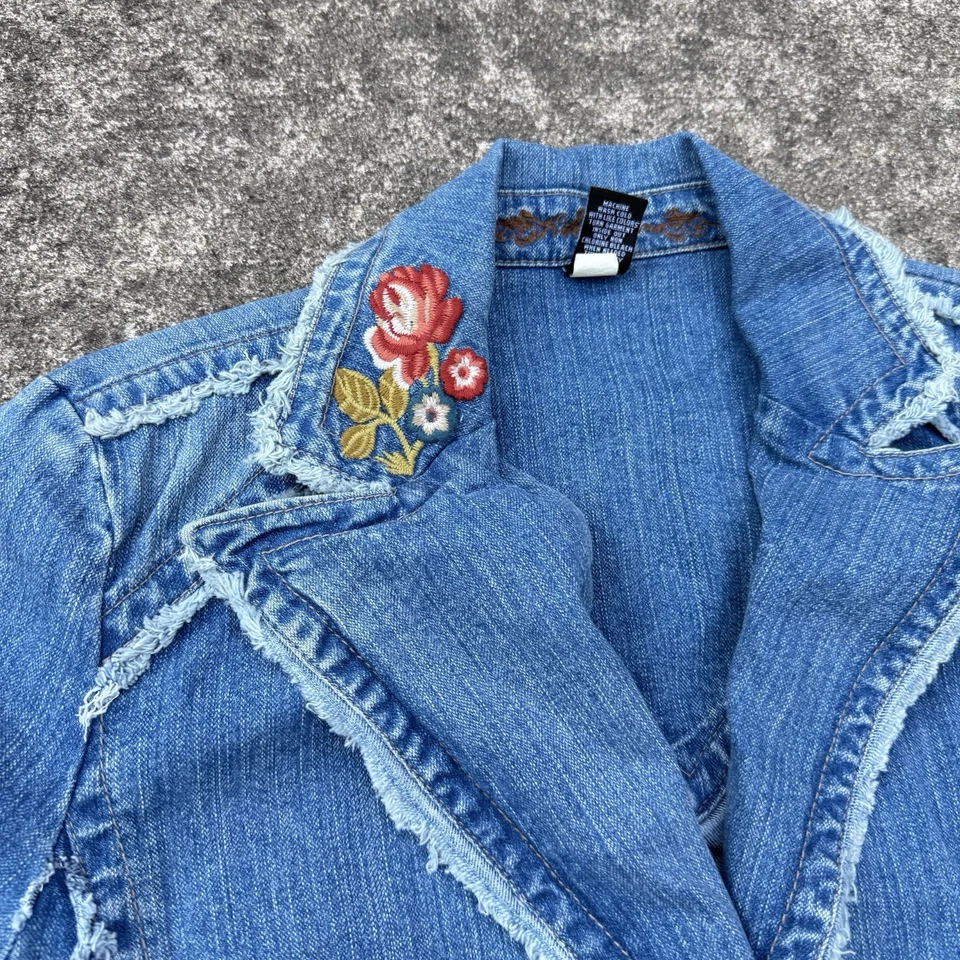 Chaqueta vaquera vintage Y2K Kitkit Jeans floral bordada para mujer XL Boho Hippie Foto 3 de 4