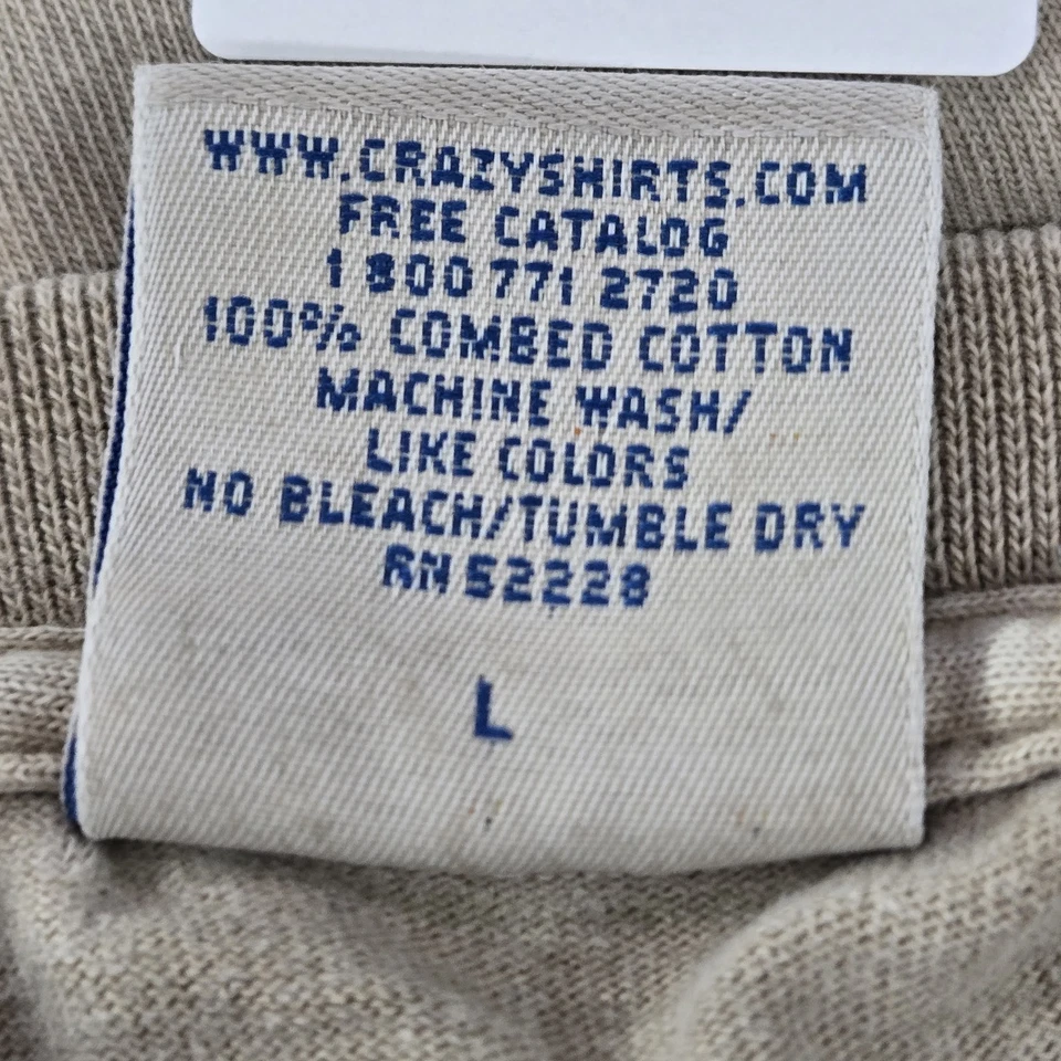 VINTAGE Camisas Locas Hombres Camisa L Marrón Gráfico Pez Tribal Manga Corta LEER Foto 3 de 4