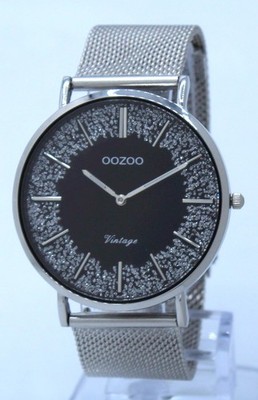Oozoo Vintage Damenuhr Milanaisearmband silber/schwarz Glitzer Ø40mm C20131mb