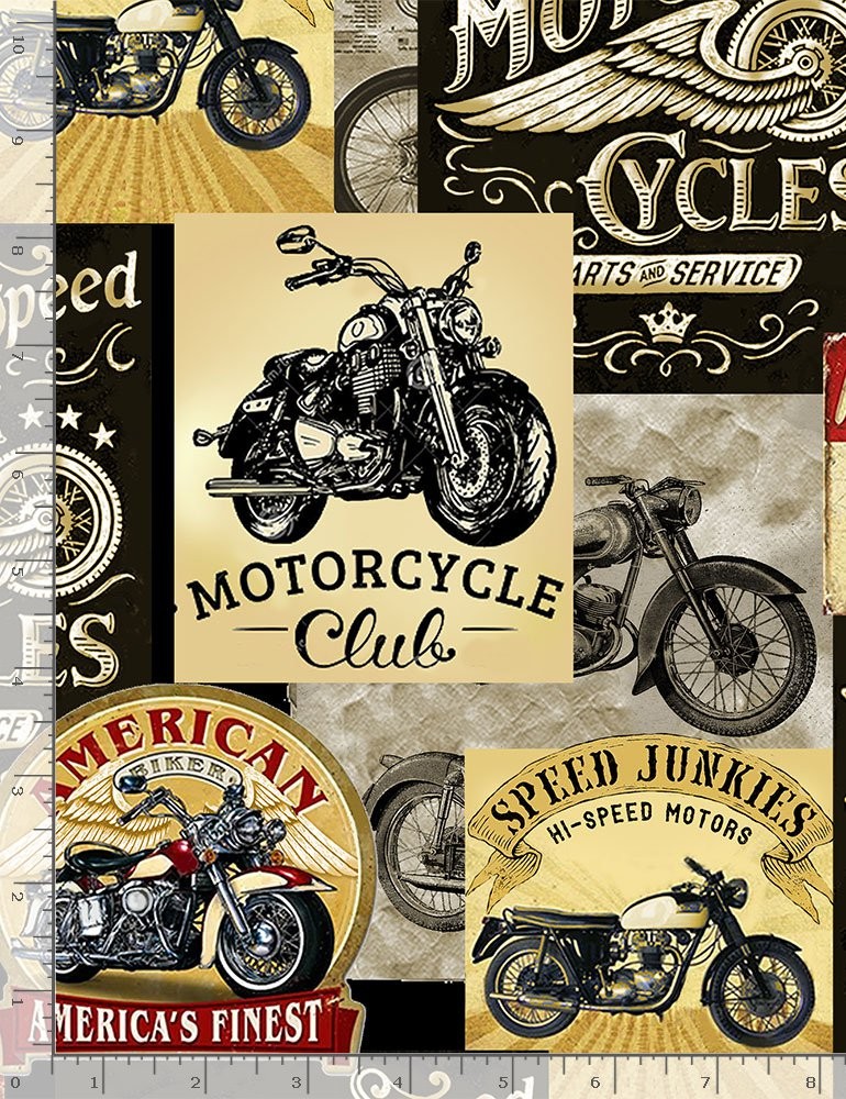 Motorcycle Fabric - Retro Sign Patch Black Beige - Timeless Treasures YARD