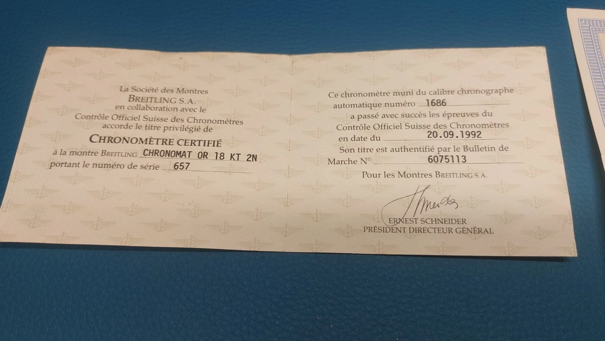 Breitling Libreto Garantía Internacional AÑO 1992 CRONOMAT ORO 18 KT. 2N