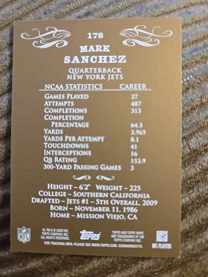 2009 Topps Mayo - #178 Mark Sanchez (RC) - JETS NM-MT White Card - Image 2 of 2