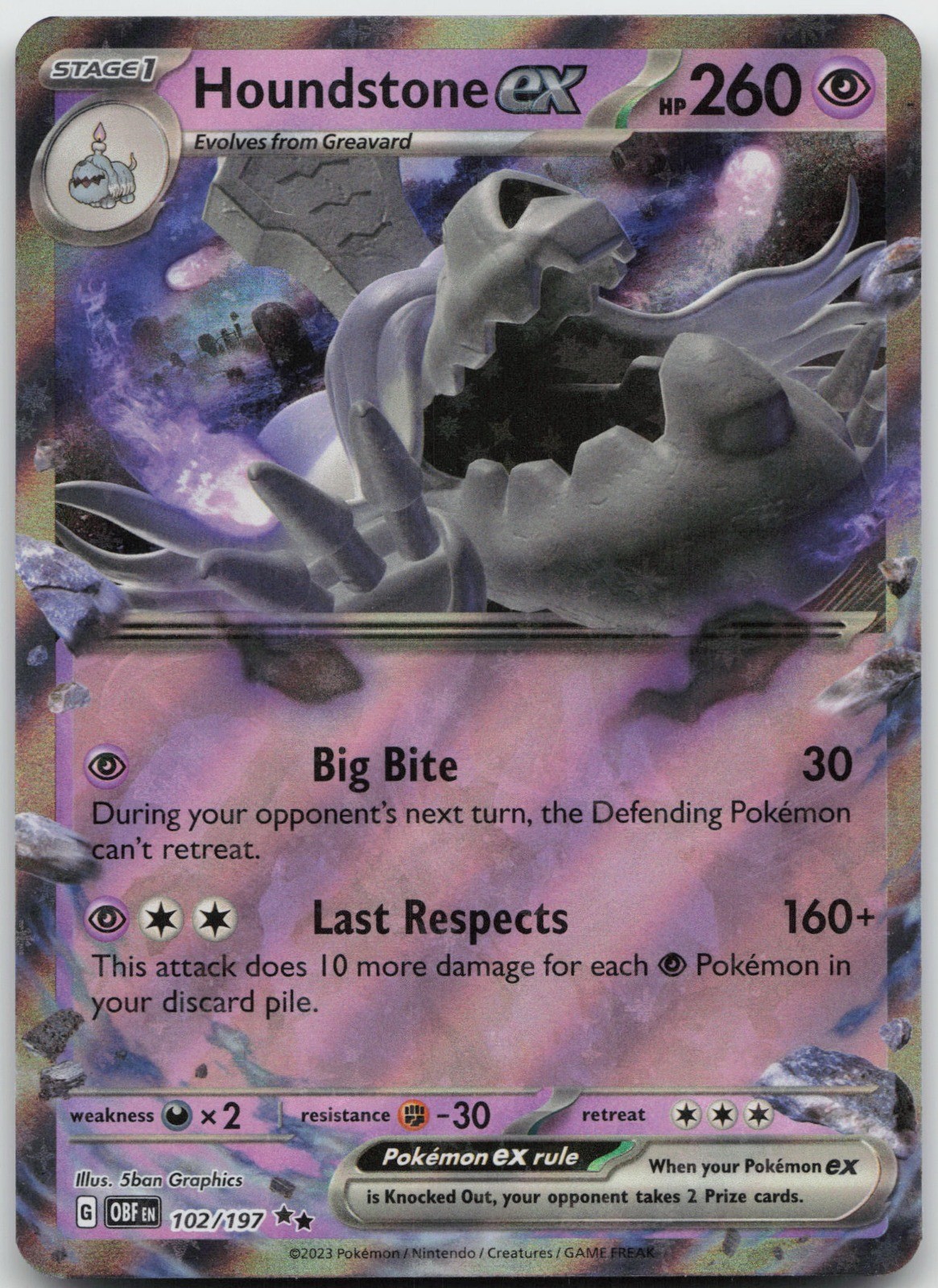 Houndstone ex Double Rare Psychic SV03: Obsidian Flames 102/197 NM 2023 5ban Gra
