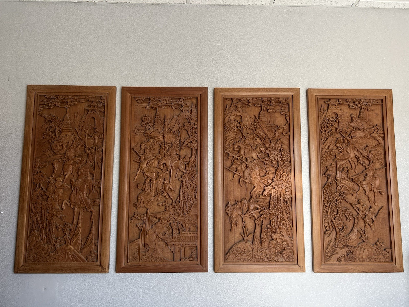 Set Of 4 Vintage Chinese Hand-Carved Wood Wall Panels