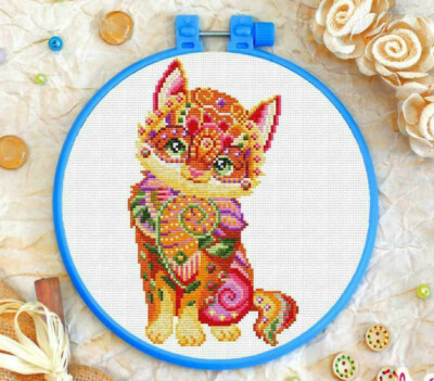 Kitty Doodle cross stitch embroidery kit *** FREE SHIPPING cat embroidery kit
