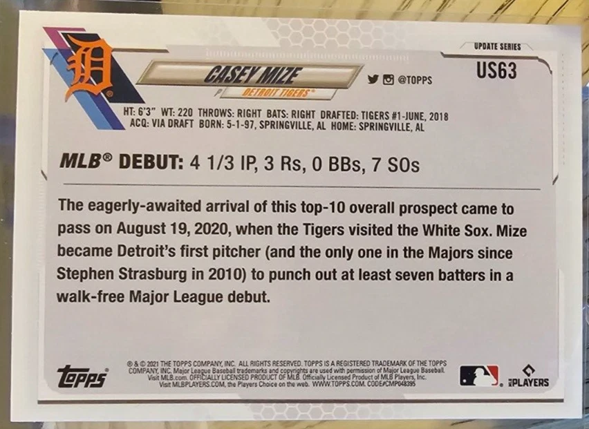 2021 Topps Update Series Casey Mize RC #US63 Detroit Tigers lot of 5 cards - Image 2 of 2
