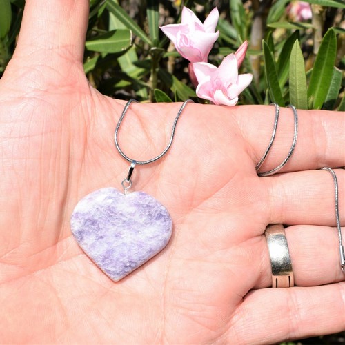 Soothing Lilac Lepidolite Crystal Heart Pendant + 20" Stainless Steel Chain - Picture 7 of 8