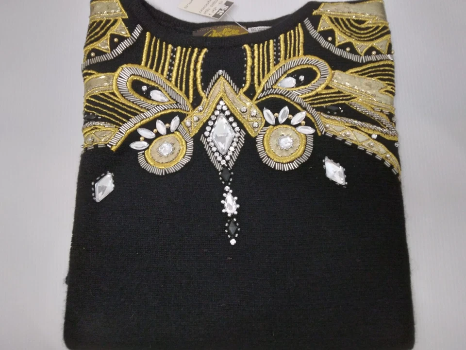 Suéter Vintage Lana de Cordero Angora Ala de Murciélago Negro Adornado Dorado NUEVO STOCK ANTIGUO Foto 2 de 4