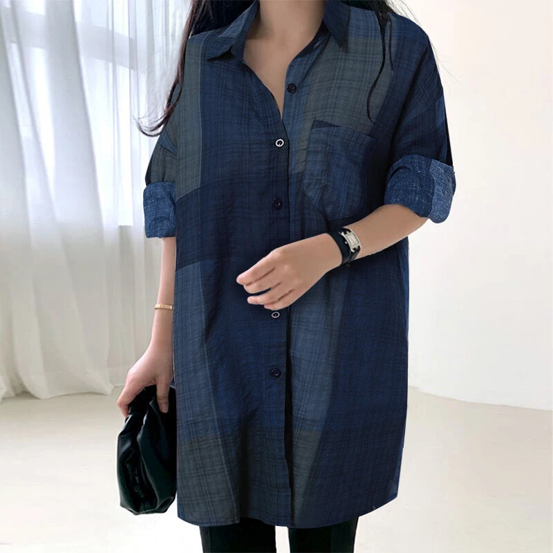 Mujeres Mangas Largas Cuello Camisas Dobladillo Curvo Prendas para el torso Blusa con Botones Talla Grande Foto 3 de 4