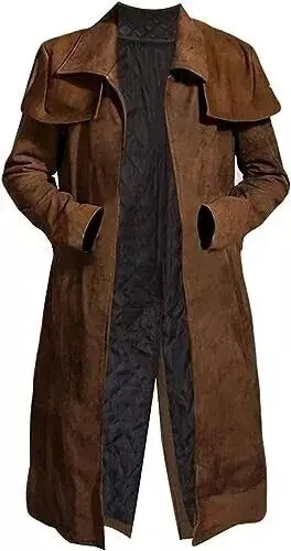 Men's Brown Faux Leather Trench Coat | Full-Length Duster Coat | Vintage Style - Image 2 of 4
