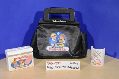 Fisher-Price 1987 Medical Kit Black Bag and Two Accessories(390-294)