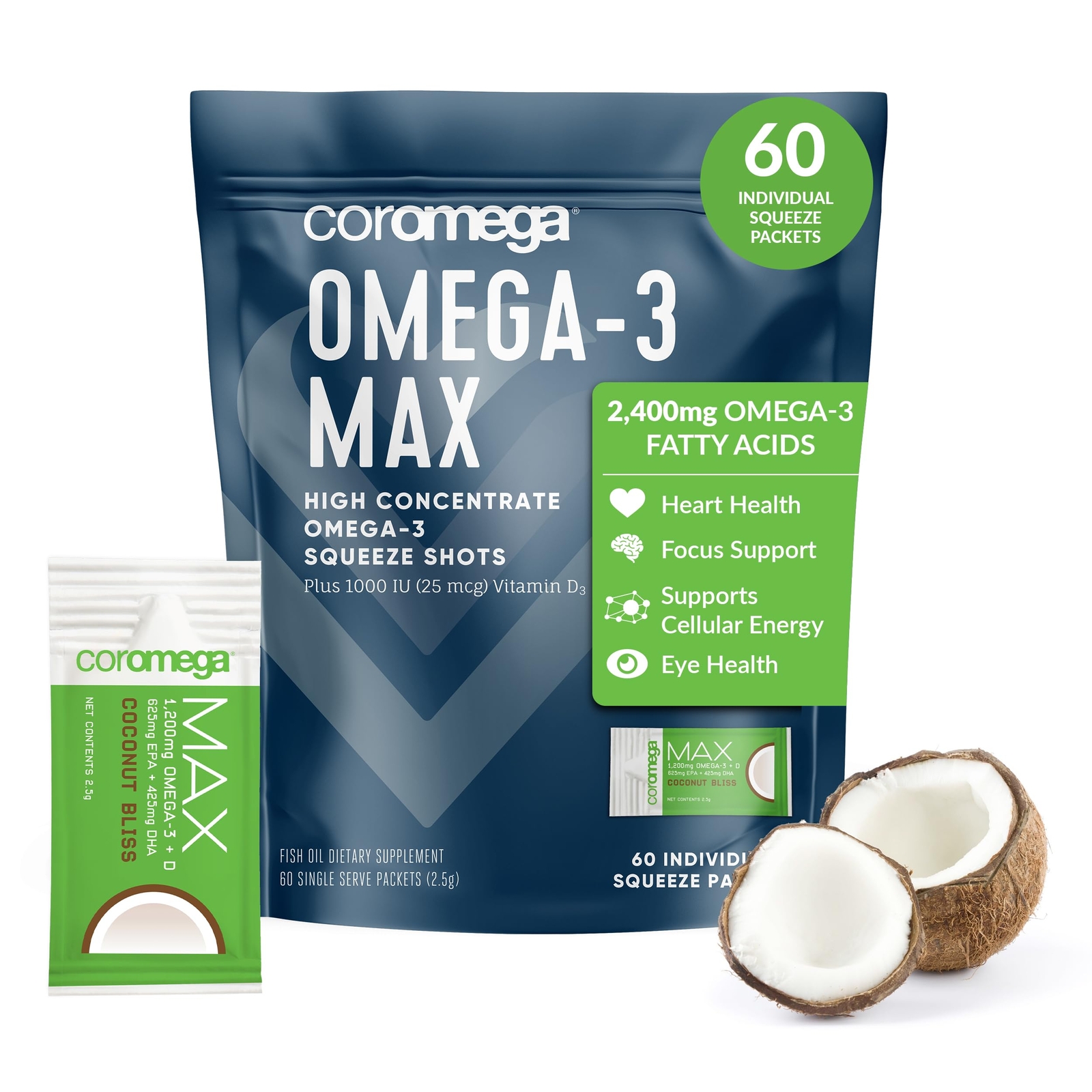 Coromega MAX 2400mg Omega-3 Fish Oil + Vitamin D (60 Squeeze Packets, Coconut...