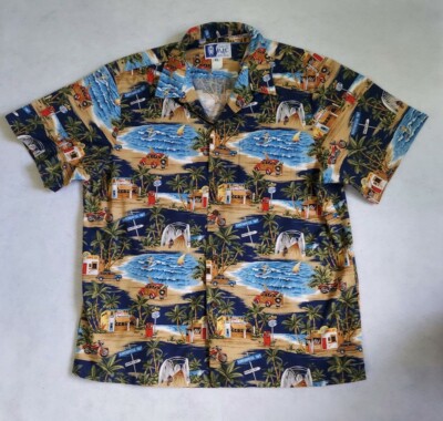 Mens RJC hawaiian short sleeve shirt XL cotton blue woody palm tree surfer