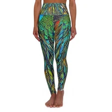 Cosmic Neon Peacock High Waisted Yoga Leggings (AOP) - AI Art