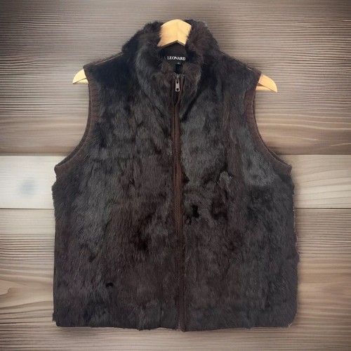 Nina Leonard Real Fur Vest M Wool Angora Back Full Zip Black Brown