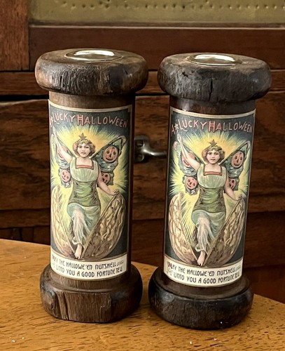 Primitive Old Wood Thread Spools Candle Holder set Lucky Fortune Halloween Fairy