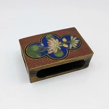 Vintage Cloisonne Match Box Cover Copper Enamel Blue Pink Floral Design