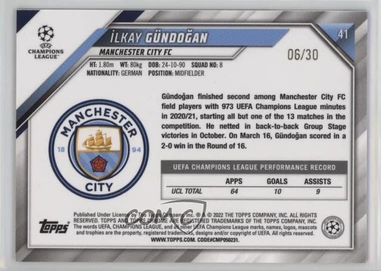 2021-22 Topps Chrome UCL Black & Gold Starball Refractor /30 Ilkay Gundogan #41 - Image 2 of 2