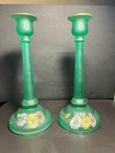 Tiffin Glass Emerald Satin 10" Candlesticks Uranium Glow Handpainted  Set of 2 — photo 3
