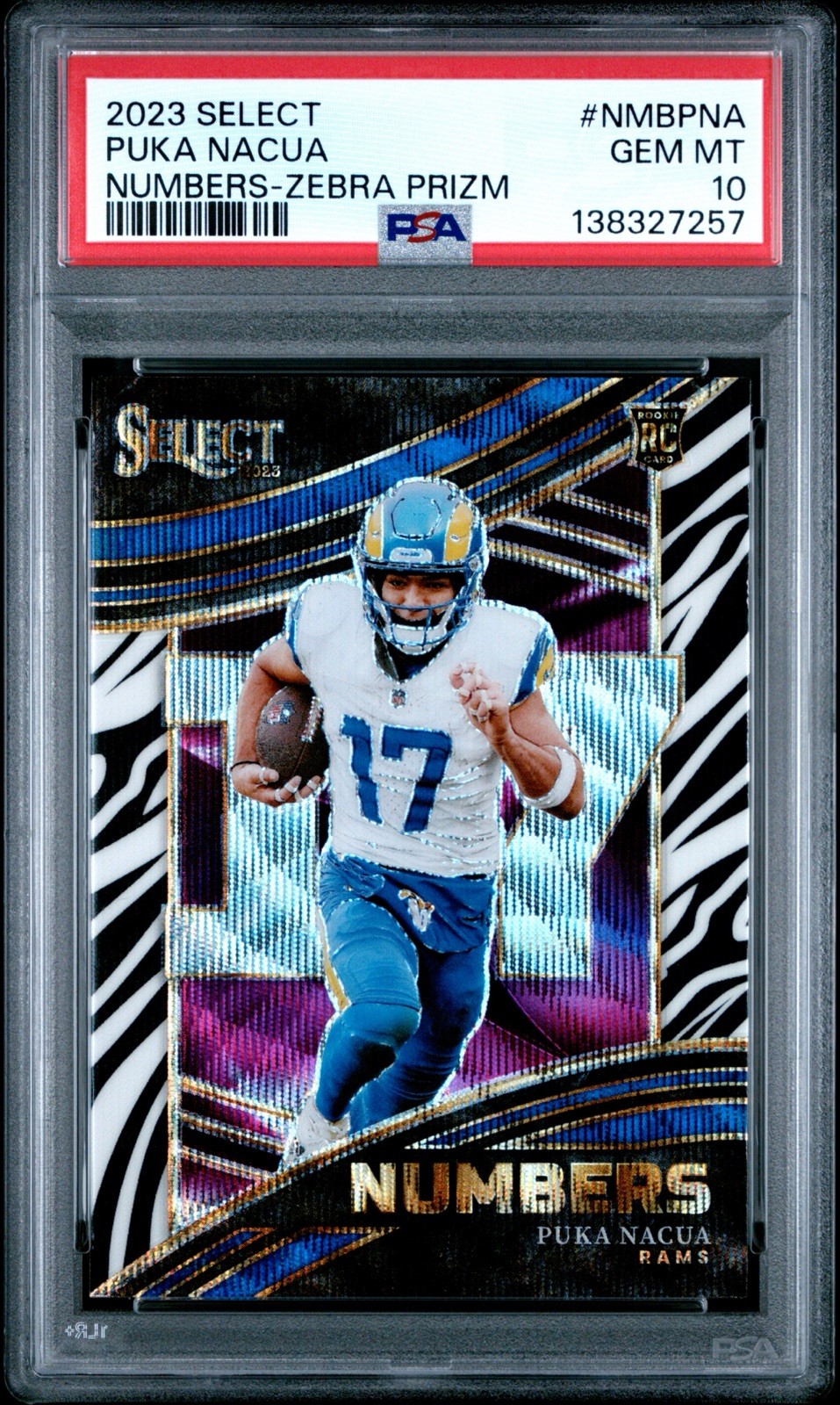 2023 Panini Select Numbers Puka Nacua #NMB-PNA RC SP Zebra Prizm PSA 10 Pop 6