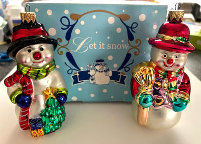 #ad Vintage Fingerhut Snowman Couple Blown Glass Christmas Ornaments 2 4 ½” Tall $12.00
