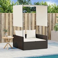 Doppel-Sonnenliege Poly Rattan Braun Mit Dach Und VorhäNgen