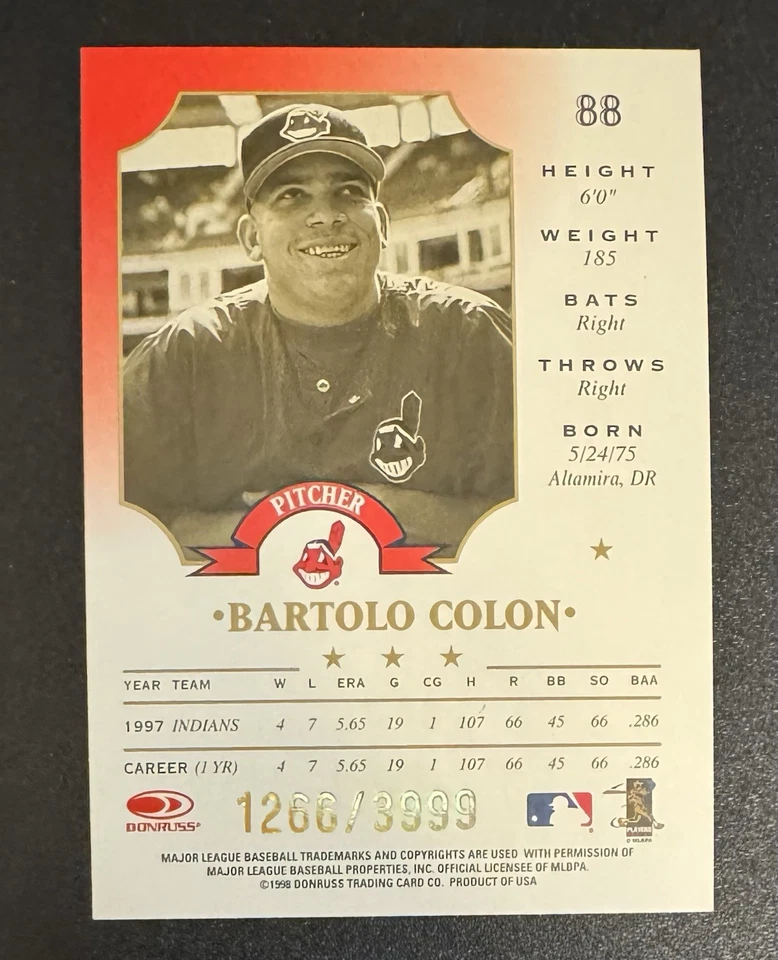 Bartolo Colon 1998 Leaf Blue Fractal Foundation /3999 #88 - Cleveland  - Image 2 of 2