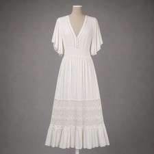 Crochet Lace Babydoll Peasant Maxi Dress Sz S White Cottagecore Fairy Ren Faire