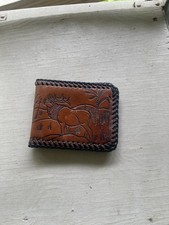 Mens Vintage Brown TOOLED LEATHER Wallet With DEER ELK