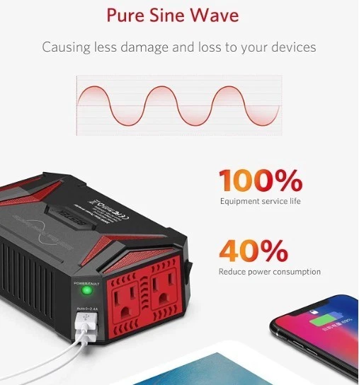 Bestek 300watt Pure Sine Wave Power Inverter Car Adapter DC 12v to AC 110v With - Image 4 of 4